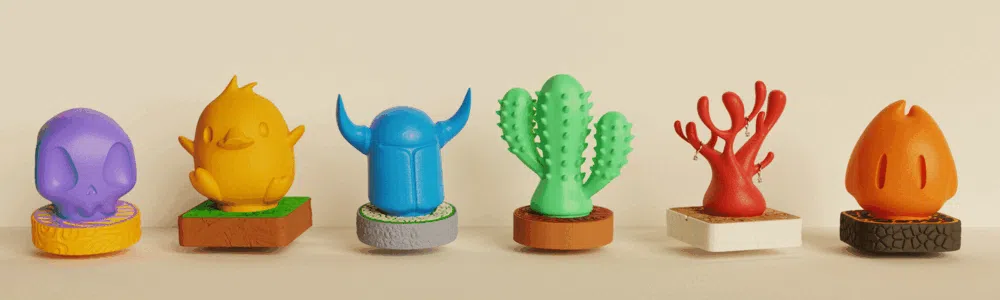 Pop Lamp voorbeelden — kleurrijke 3D geprinte lampjes en figuren